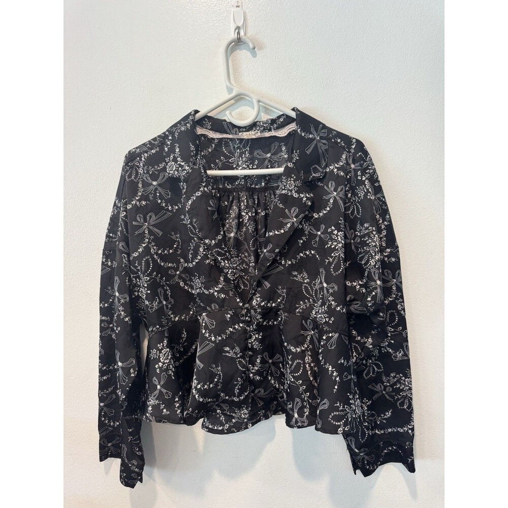 Intimately Free People Beauty sleep Black Floral Bow Print Pajama Top Large - Picture 5 of 10